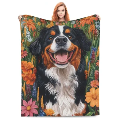 Bernese Mountain Dog Portrait Blanket: Joyful Canine in Wildflowers