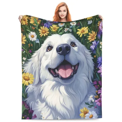Great Pyrenees with Flowers Blanket