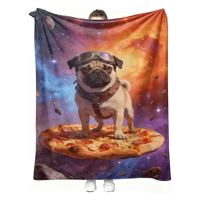Space Pug on Pizza Blanket: Cosmic Dog on Pepperoni Flyer