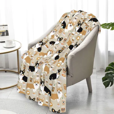 Corgi Pattern Print Blanket: Fluffy Dogs and Coffee Cups for Lovers