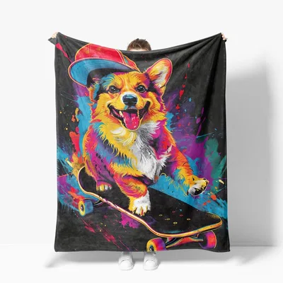 Corgi Riding Skateboard Painting Blanket: Colorful Art Design