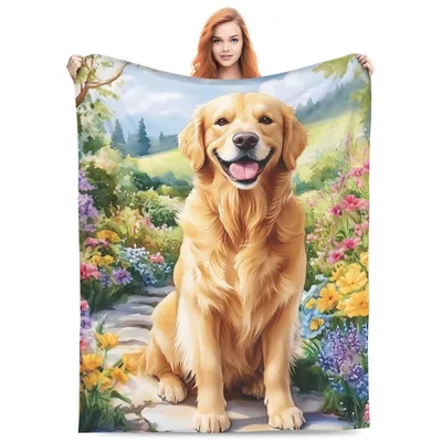 Golden Retriever in Flower Blanket: Happy Puppy in Garden Art