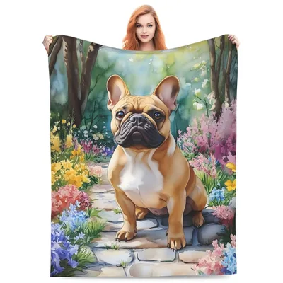 French Bulldog in Flower Blanket featuring a tan Frenchie sitting