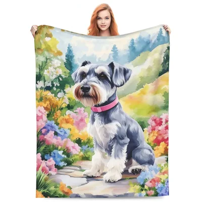 Schnauzer in Flower Garden Blanket: A Watercolor Puppy in Blooms