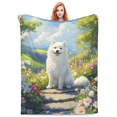 Samoyed Dog Watercolor Floral Blanket: Fluffy Friend in a Garden