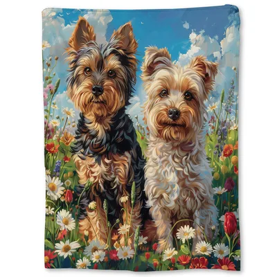 Two Yorkie Dogs Blanket: Two Canines in a Wildflower Meadow