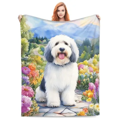 Old English Sheepdog Blanket: Shaggy Puppy in a Colorful Flower Garden