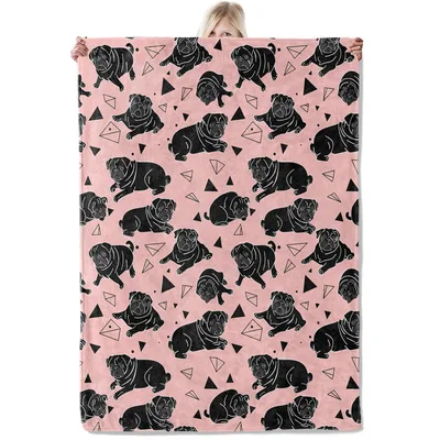 Black Pugs Pattern Blanket: Geometric Black Dogs on Pink