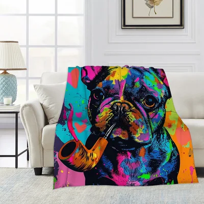Pop Art Bulldog Blanket: Vibrant Colorful Canine with Pipe