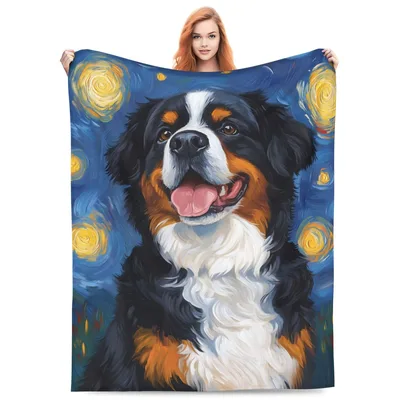 Bernese Mountain Dog Starry Blanket: Van Gogh Inspired Art