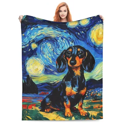 Dachshund Starry Night Art Blanket: Van Gogh Style Dog Print