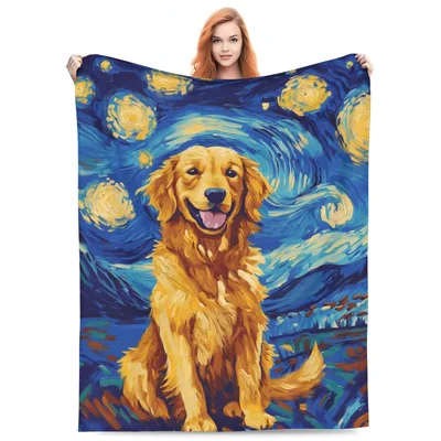 Golden Retriever Starry Night Art Blanket featuring a happy dog