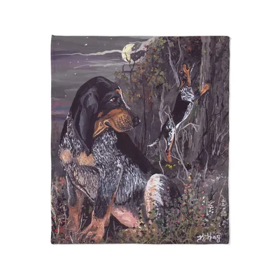 Bluetick Coonhound in Forest Blanket: Night Hunt Art for Dog Lovers
