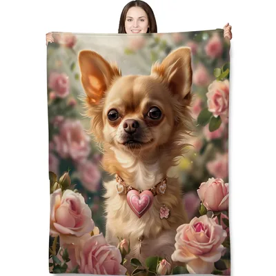Chihuahua with Rose Garden Blanket: Fluffy Dog in Pink Roses