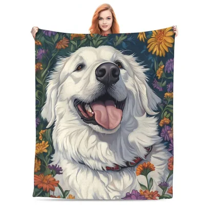 Great Pyrenees Dog Portrait Blanket: Joyful White in Floral Art