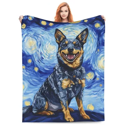 Cattle Dog in Starry Blanket: Van Gogh Inspired Art for Dog Lovers