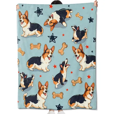 Corgi Pattern Blanket: Playful Tricolor Dogs and Bones on Blue