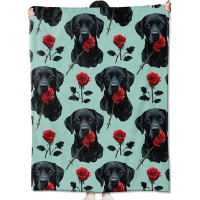 Black Labrador Roses Blanket: Romantic Lab with Red Rose Design