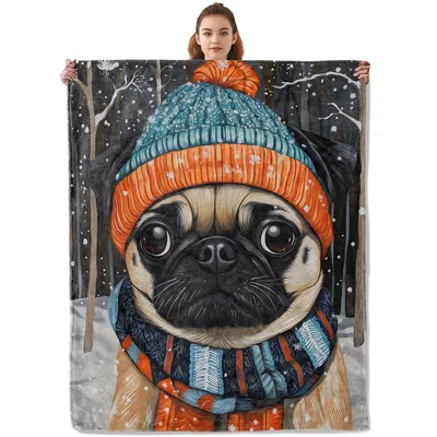 Pug in Winter Knit Blanket: Cozy Pug in Knit Hat and Scarf