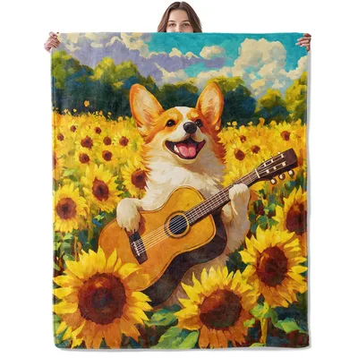 Corgi Playing Guitar Blanket: Sunflower Field Art for Music Lovers