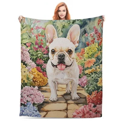 French Bulldog in Flower Garden Blanket: Joyful Canine on Stone Path