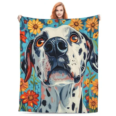 Dalmatian Dog Portrait Art Blanket: Spotted Canine in a Floral Garden