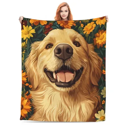 Golden Retriever Portrait Flowers Blanket: Joyful Dog Art