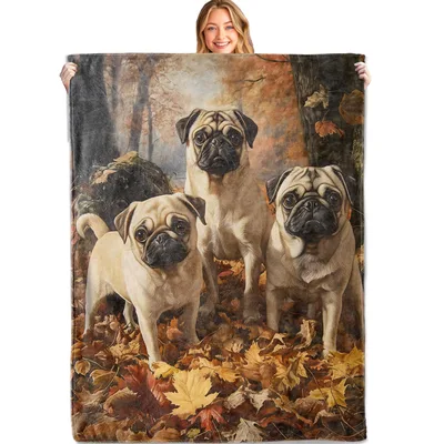 Pugs in Autumn Forest Blanket: Three Pugs Standing in Fall Leaves