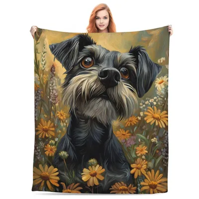 Schnauzer Painting with Flowers Blanket: Artistic Dog Portrait