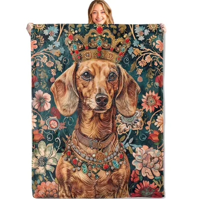 Regal Dachshund Floral Crown Blanket: A Royal Wiener Dog Design