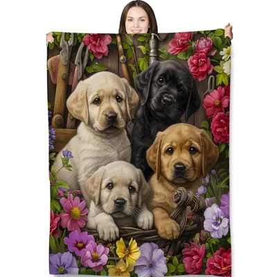 Labrador Puppies with Flowers Blanket featuring four Labradors