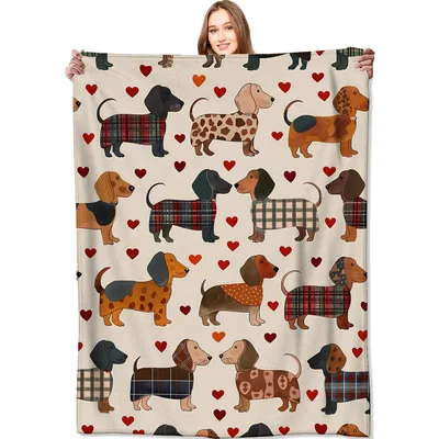 Dachshund Love Pattern Blanket: Plaid Coat Weiner Dog Design for Sofa