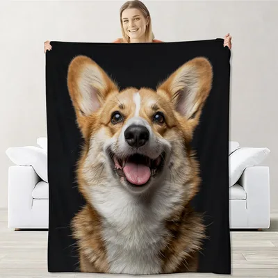 Corgi Dog Portrait Blanket: Realistic Corgi Face on Black Background