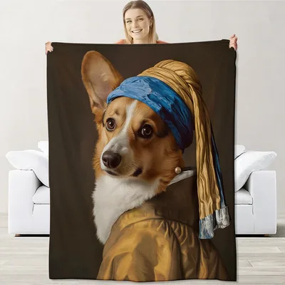 Corgi with Pearl Earring Blanket: Artistic Dog Parody for Home