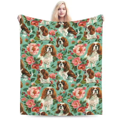 Cavalier Spaniel Rose Pattern Blanket: Floral Dog Lovers Throw