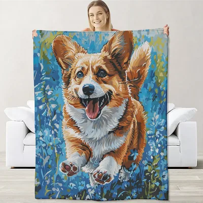 Corgi with Blue Flowers Blanket