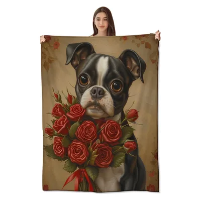 Boston Terrier with Roses Blanket