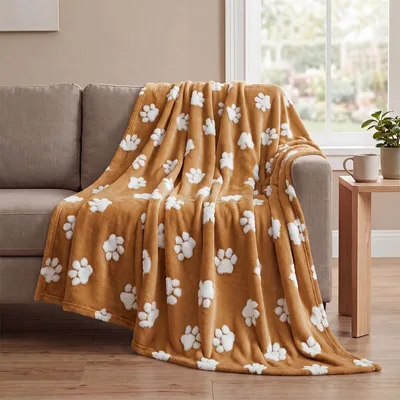 Caramel Paw Print Pattern Blanket: Soft Dog Lovers Throw