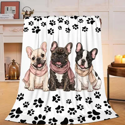 Three French Bulldogs Paw Blanket: Scarf-Wearing Pups with Prints