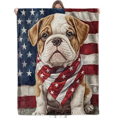 Bulldog Puppy American Flag Blanket - Patriotic Bulldog Design