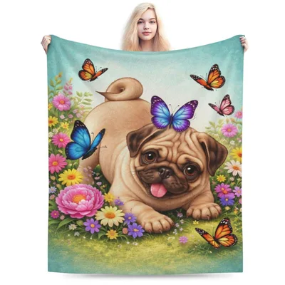 Pug Puppy with Flowers Blanket: Adorable Fawn Pug in a Garden