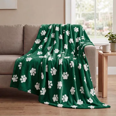 Dog Paw Prints Pattern Blanket: Green Fleece Throw for Dog Lovers