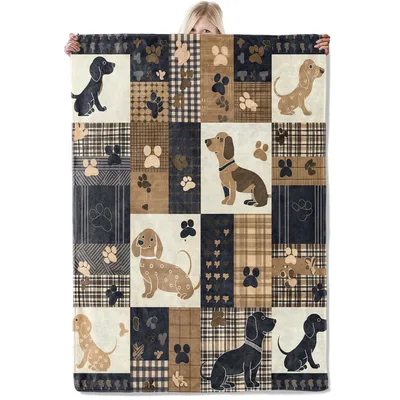 Dachshund Patchwork Paw Print Blanket: Rustic Sausage Dog Quilt Design