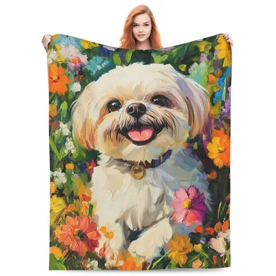 Shih Tzu Floral Painting Blanket: Happy Puppy in a Garden