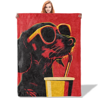 Cool Dachshund with Sunglasses Blanket: Cool Dog Sipping Drink Art