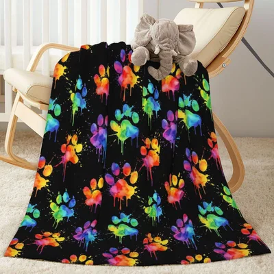 Colorful Dog Paws Pattern Blanket: Vibrant Watercolor Prints on Black