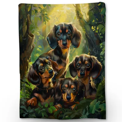 Dachshunds in Forest Blanket: Four Black and Tan Dogs in Woodland Art
