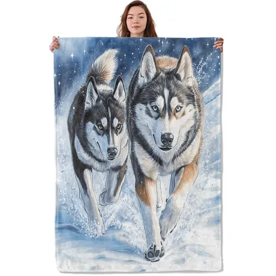 Two Husky Dogs Blanket: Running Through Snowy Winter Landscape