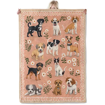 Hand Drawn Puppies Daisy Blanket: Vintage Dog Lovers Floral Throw