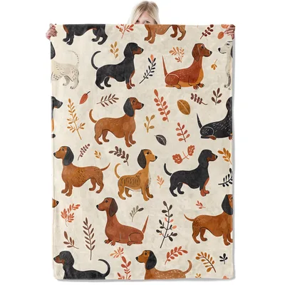 Fall Dachshund Blanket: Illustrated Dogs and Autumn Leaves Pattern